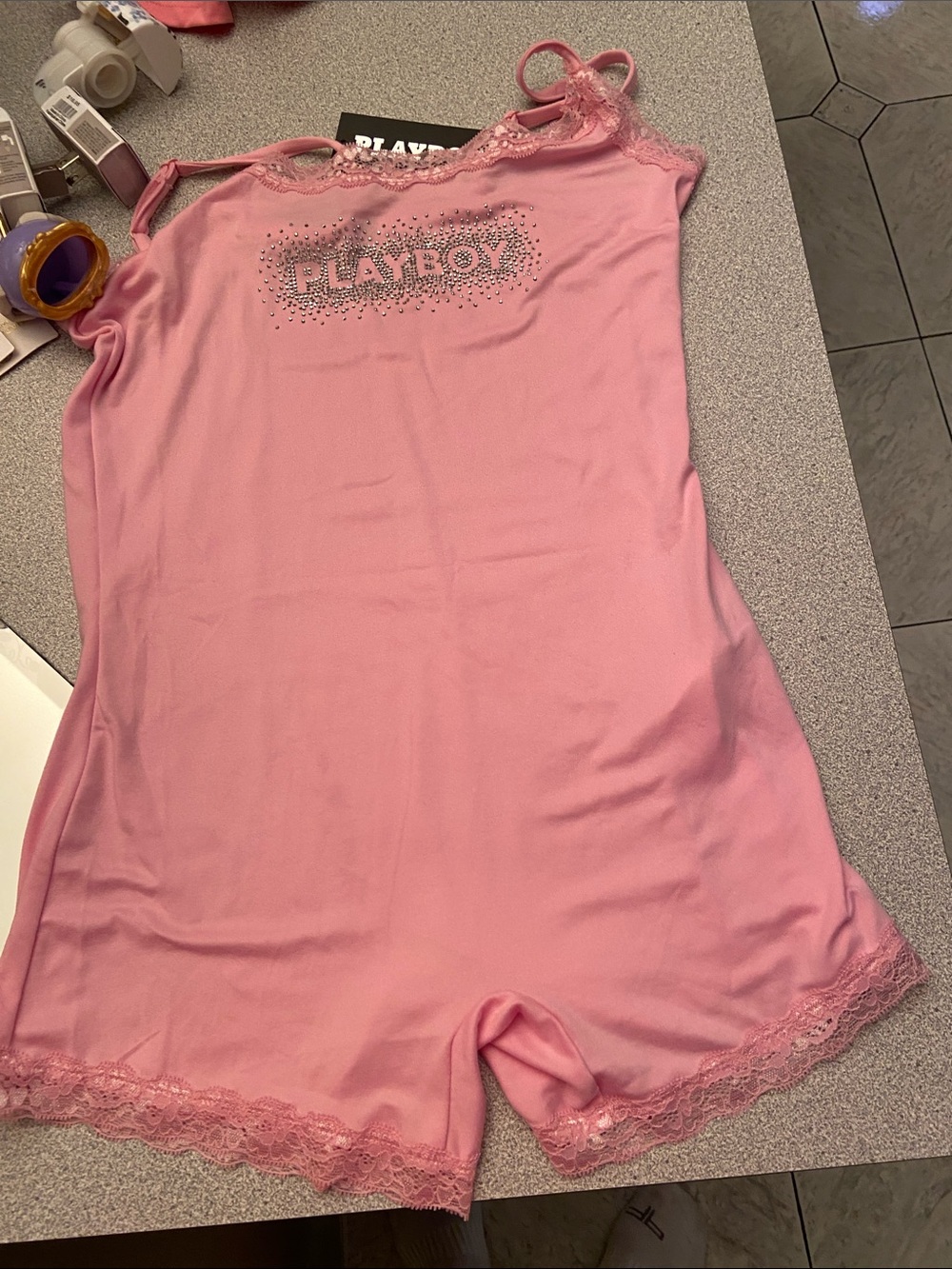 PLAYBOY Pink Lace-Trim Sleep Romper with Studded Logo